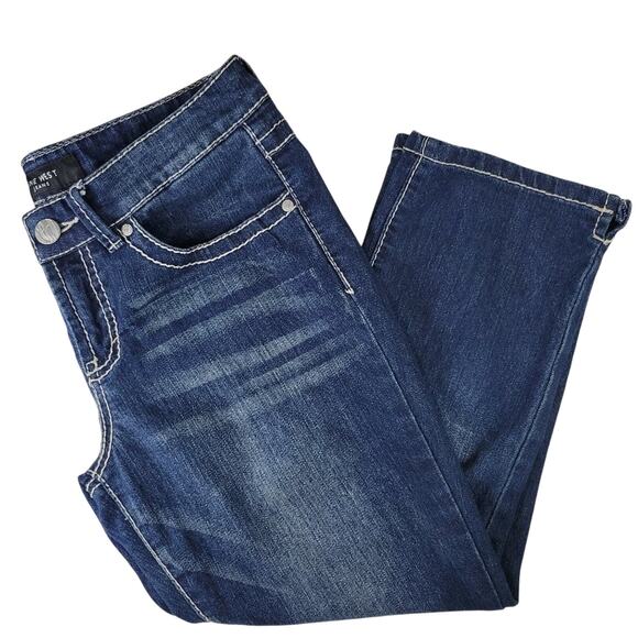 Womens Denim Capri Jeans Embellished Pockets White Stitching Blue Wash - Picture 4 of 13